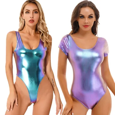 Sexy Womans One Piece Monokini Swimwear High Cut Leotard Shiny Metallic Swimsuit • $9.94