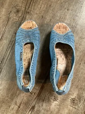 E-SAX Denim Top Cork Wedge Sandals Size 38 (US 7.5) Women's • $20