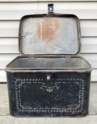 $64.95 • Buy Antique Tin Tole Stenciled Bread Box Primitive Rustic Old Country Kitchen Decor