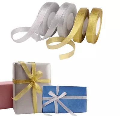£1.38 • Buy 25-100 Yard Gold Silver GLITTER Sparkle Organza RIBBON ROLL 6, 10, 15, 25, 38mm