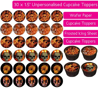 30 Flame Skull Edible Wafer & Icing Cupcakes Toppers Decoration Birthday Party • £2.25