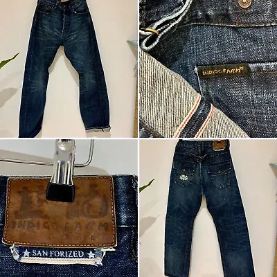 INDIGO Farm San Forized Japanese Selvedge Hem Cinch Back Straight Leg Jeans 32R • £49.95