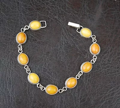 Vintage Baltic Butterscotch Egg Yolk Cabochon Amber Sterling Silver Bracelet 7  • $80