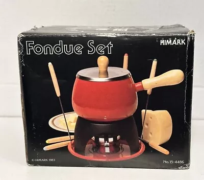 Vtg HIMARK Red Enamel & Wood Fondue Set Pot W/ Stand And 6 Skewers 1983 NIB! • $24.99