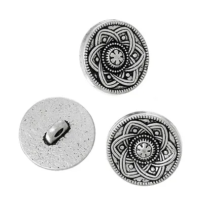 Pack Of 10 Metal Shank Round Flower Carved Buttons. 15mm. • £0.99