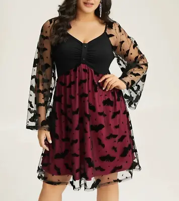 Bloomchic Halloween Bat Mesh Patchwork Ruched Scarlett Red Black Dress 18 20 2X • $32