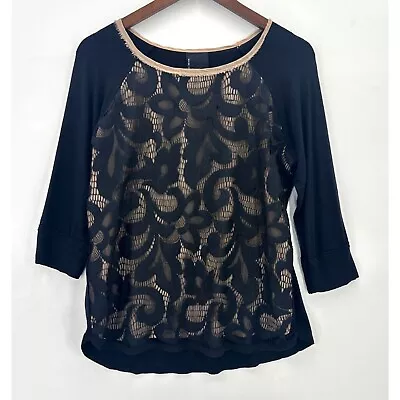 Dolan T Shirt Top Womens Pullover 3/4 Sleeve Lace Round Neck Black Beige S • $34.99