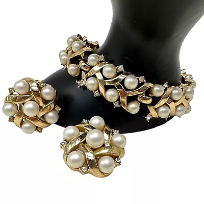 Vintage Trifari Gold Tone Faux Pearl Rhinestone Bracelet Earrings • $178.92