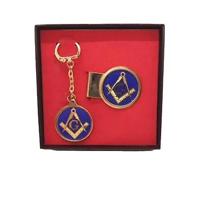 Freemason Vintage Money Clip & Key Chain Set Masonic Square & Compass Blue/Gold • $27.50