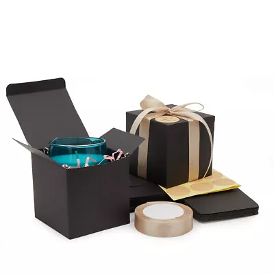 $14.57 • Buy 25 Pack Kraft Black Paper Gift Boxes, Bulk Set With Ribbon And Stickers 4x4x4 In