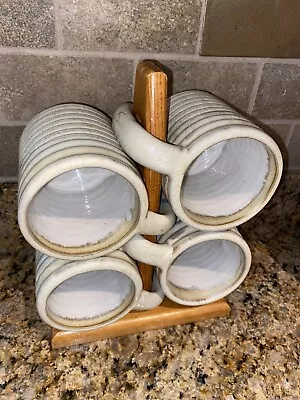 Vintage Rodolfo Padilla Beige Drip Glaze Mugs Wooden Stand Signed Ribbed Round • $29.99