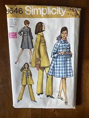 Uncut 1960s Vintage Simplicity Sewing Pattern  8646 Misses Coat & Pants Size 16  • $17