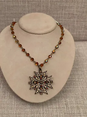 Vintage Maltese Cross Pendant Necklace Art Glass With Beaded Chain • $24