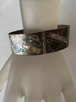 Vintage Mexican Sterling Silver Abalone Panel Link Hinged Bracelet Marked • $69