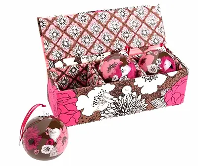 New In Box Vera Bradley 3 Pack Of Glass Ornaments Mocha Rouge In Fabric Box • $18