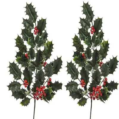 SET Of 2 Artificial Green Holly Berry Spray Stem Leaves Sprig Bush Christmas  • £9.99