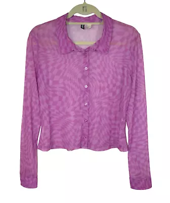 H&M Divided Women's Pink Purple Check Sheer Mesh Collared Button Up Shirt Size L • $9.99