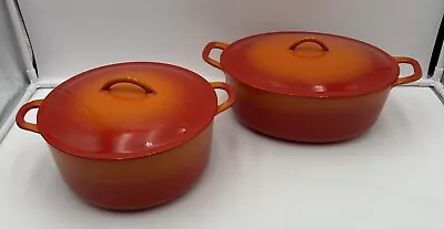 Vintage Descoware Cast Iron Enamel Flame Orange Dutch Oven Oval Pot Red Lot Of 2 • $89.99