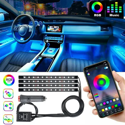 4 In1 48 LED RGB Car Interior Atmosphere Light Strip Bluetooth APP Music Control • £11.98