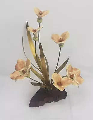 Vintage MCM Winifred Cole Ceramic Copper Metal Flower Sculpture Yellow Brown 11  • $45