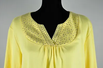 Quacker Factory Top Womens Plus Size 1X Yellow Embellished Rhinestone 3/4 Sleeve • $17.95