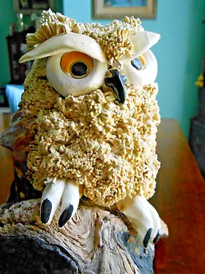 OWL Sculpture Spaghetti Pottery On Natural Wood Mid Century • $25