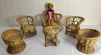 Vtg 1970s Wicker Ratan Barbie Furniture Set Of 6 Loveseat Chairs Stand Hong Kong • $38.95