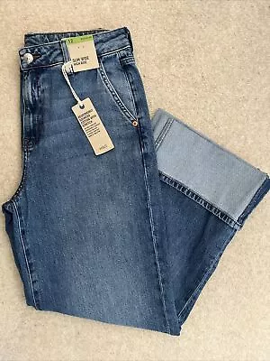 M&S WOMENS HIGH WAISTED SLIM WIDE LEG TURNED UP HEM BLUE DENIM JEANS Size 12 • $31.12