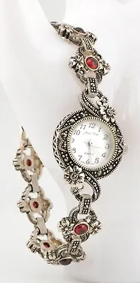 STUNNING 925 Sterling Silver Marcasite & Gemstone Watch (Working) • £128.99