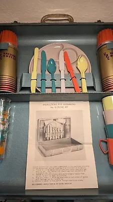 Mid Century Modern Picnic Set Metal Blue Case Plates Cups Thermos GOTHAM Retro  • $99.98