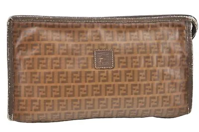 Authentic FENDI Vintage Zucchino Clutch Hand Bag Purse PVC Leather Brown K1223 • $98