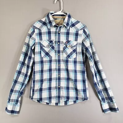 Hollister Shirt Mens S Blue Plaid Pearl Snap Western Long Sleeve Cotton • $2.74