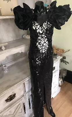 Vintage 80's Long  Sequin HUGE Ruffle STATEMENT Prom Dress AMAZING SZ XXS-XS* • $199