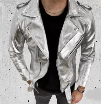 BOMBER BIKER New Men's Silver Extra Belted Jacket 100% Moto Biker Slim FitJacket • $151.99