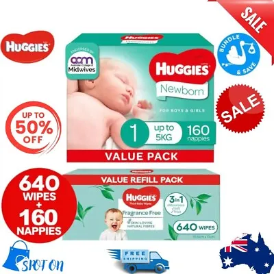 $113.99 • Buy Huggies Newborn Size 1 Up To 5kg Nappies & Fragrance Free Baby Wipes Bundle