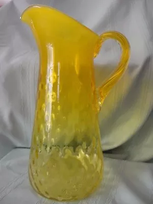 Venetian Canary Yellow Glass Pitcher Jug Vaseline Ribboned Handle 11-1/2  T Rare • $212.45