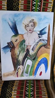 Watercolour On Board Marilyn Monroe Vinatge Pin Up Style In A Spitfire Original • £29