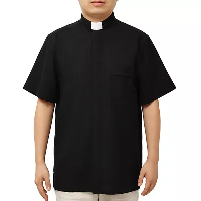 Clergy Mens Shirt Minister Preacher Priest Tops Tab Collar Black Short Sleeve • $27.99