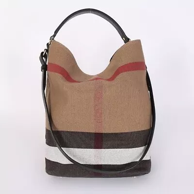 Authentic BURBERRY Ashby Bucket Bag Check Canvas & Leather • $750