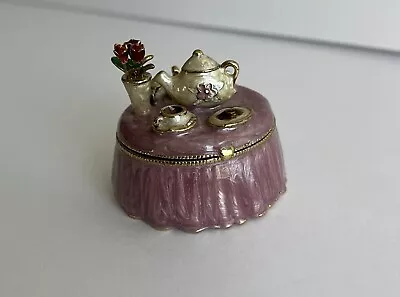 Monet Tea Table Set Up Trinket Box With Pink Enameled Table Cloth Roses • $12.99