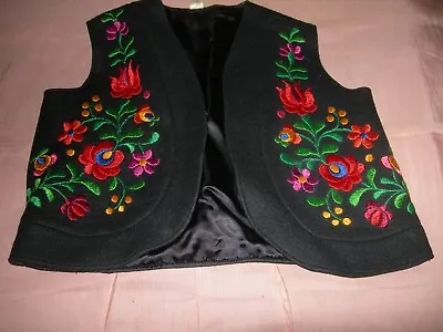 VTG Hungarian Black Boiled Felted Wool Floral Embroidered Matyo Vest Size 12 • $19.99