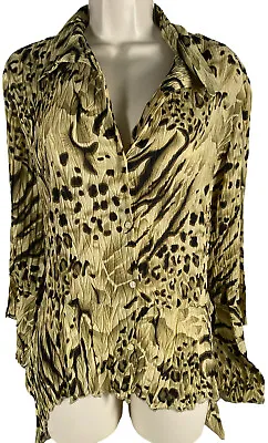 Milano Womens Top Extra Large Button Sage Green Leopard Print Flutter Vintage • $14.99
