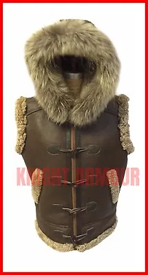 RAF B3 Real Shearling Real Leather Bomber Vest Removable Hood With Raccoon Fur • $169.95