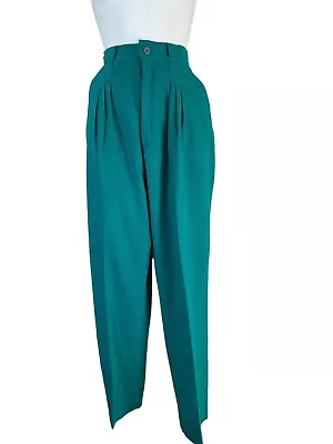 Vintage Womens Pants High Waist 11/12 Teal Green Pleated Slacks 80s Retro Zip • $27.99