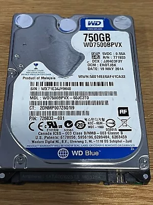 Western Digital 750GB 2.5  Laptop SATA Hard Disk Drive WD7500BPVX • £12.50