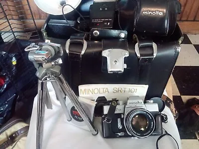 Minolta SRT 101  35mm Film Camera Tripod58mm Flash Bag Vivitar Power Supply • $125