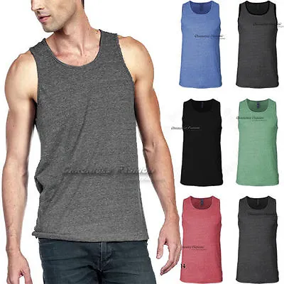 Tank Top T Shirts Muscle Sleeveless Plain Slim Fit Crew Neck Tri Blend Tee Men's • $9.95