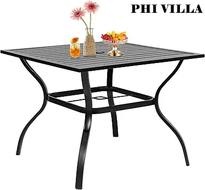 PHI VILLA Patio Table Outdoor Dining Table With Umbrella Hole Square Metal Black • £97.99