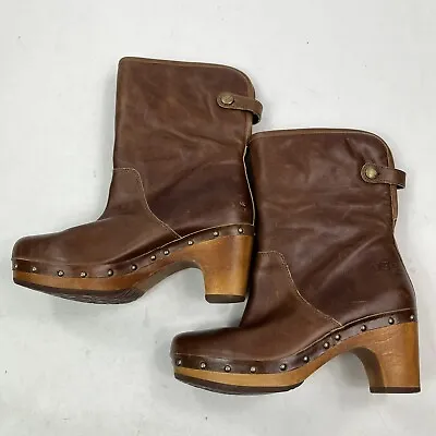 UGG Australia Brown Lynnea 1958 Shearling Clog Boots Wood Heel Women’s Size 5 • $31.99