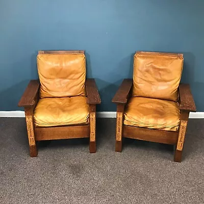 Pair Of Arts & Craft Harvey Ellis Style Oak Chairs • $1895